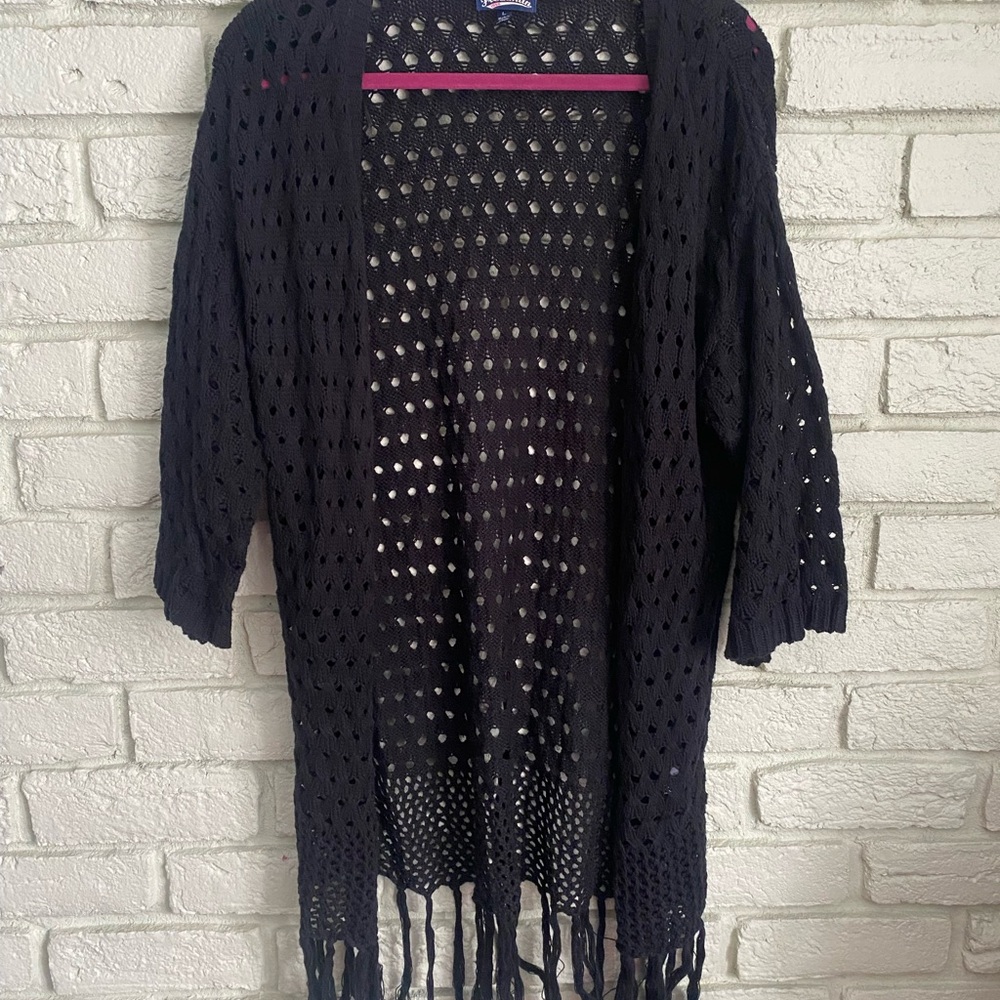 Freshman Black Open-Knit Cardigan with Fringe